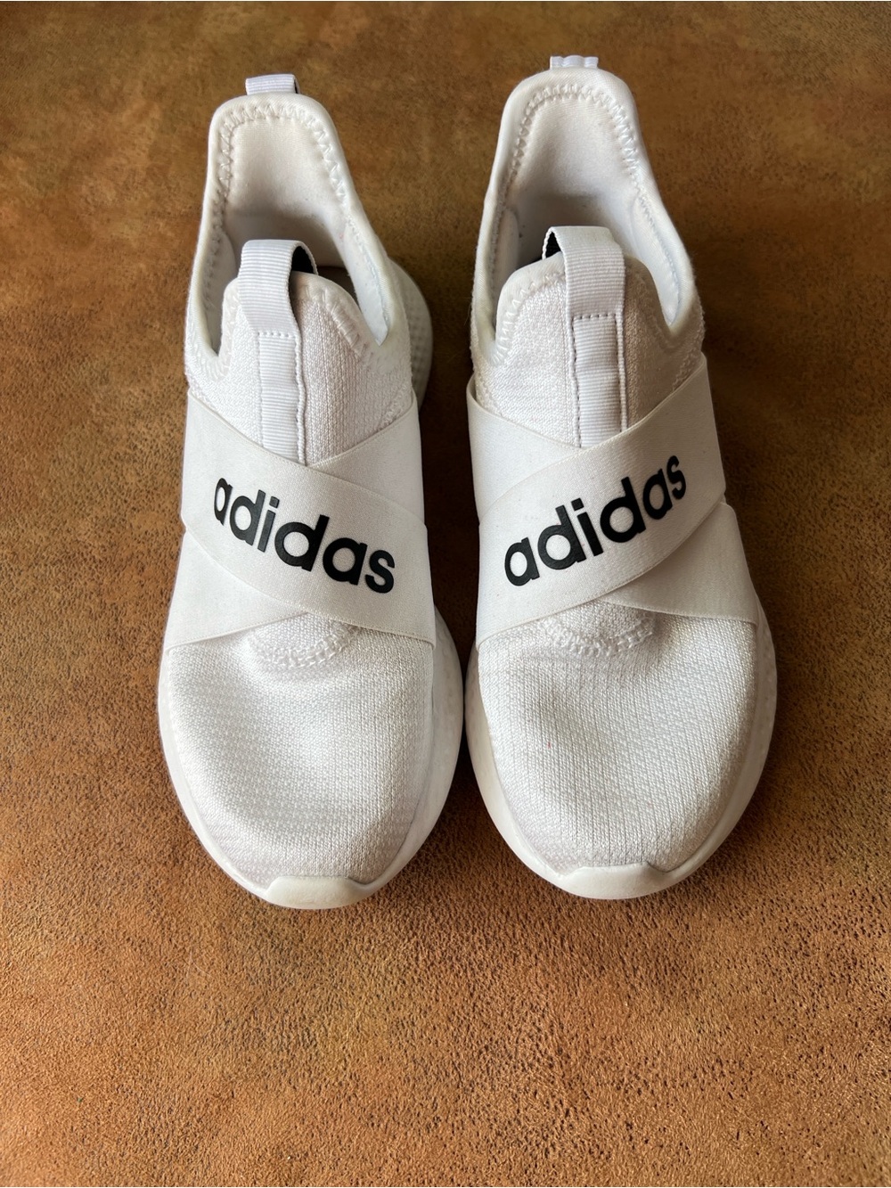 adidas White Slip-On Sneakers with Black Logo Strap. Size 6.5